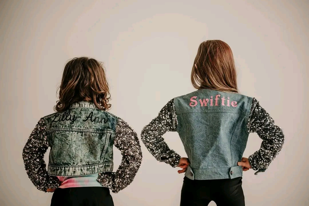 CUSTOM Denim Jacket With Sequin Sleeves And Sparkle Details
