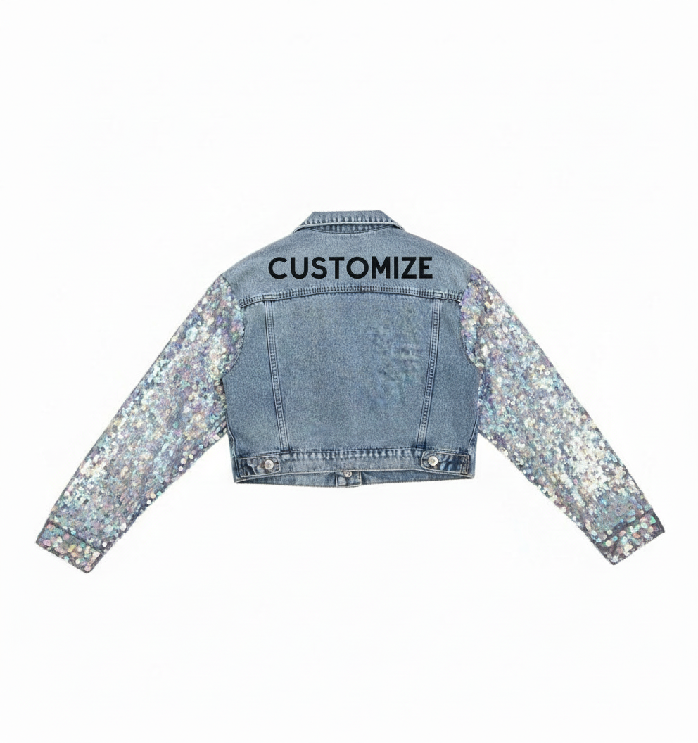 CUSTOM Denim Jacket With Sequin Sleeves And Sparkle Details